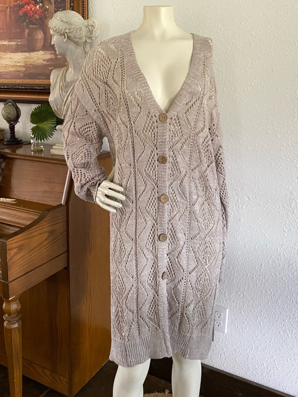 Open-Knit Long Button Cardigan Sweater - Taupe